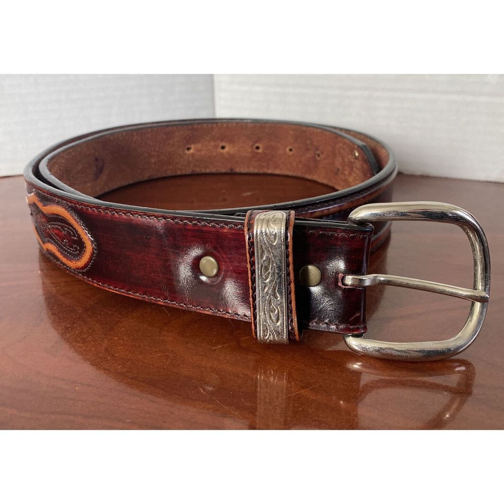 Vintage LEEGIN Belt Red Leather Silver Concho Western Wide Belt Men 40 Made USA